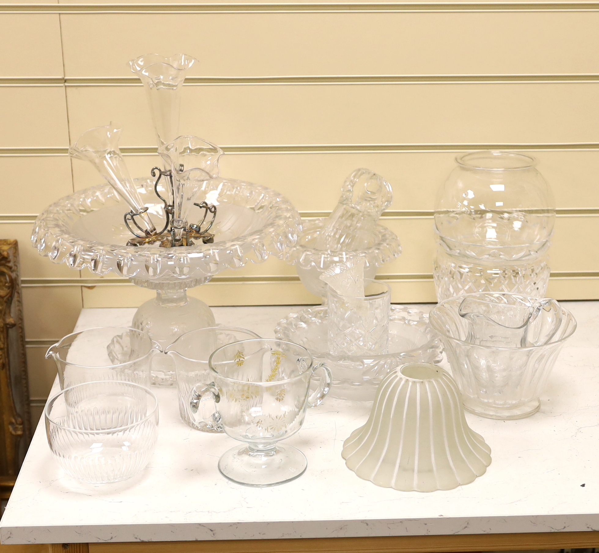 Glassware including cut glass service, 2 comports and a dish, finger bowls, an epergne etc, largest 35cm in diameter